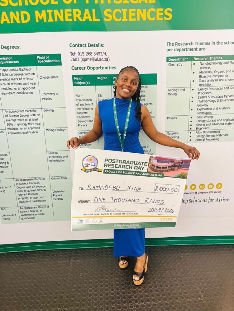 Ms. P. Rammbebu (Honours student) received 3rd Best Poster Presenter (Honours Category) at the 14th Faculty of Science and Agriculture Research Day, University of Limpopo, 2025.